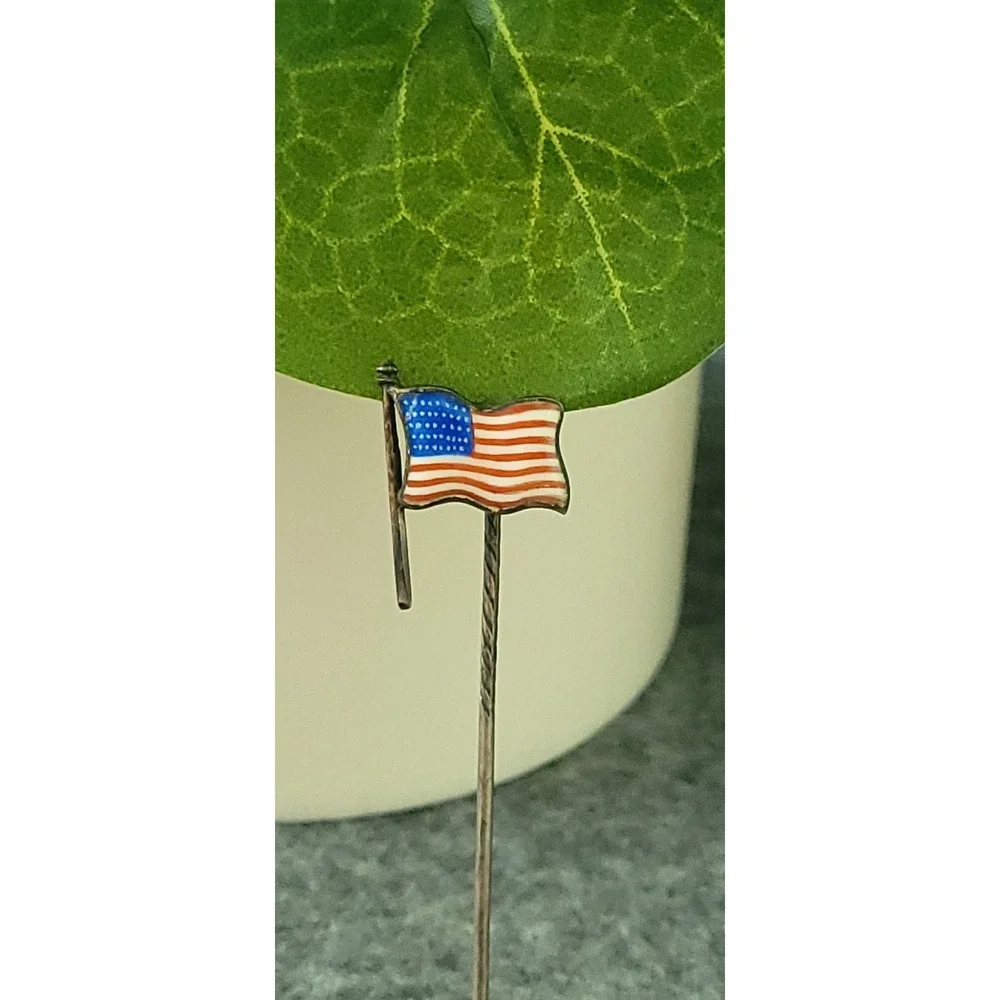 1910s-1930s 800 Silver Enamel American Flag Patriotic Stick Pin 2.4in